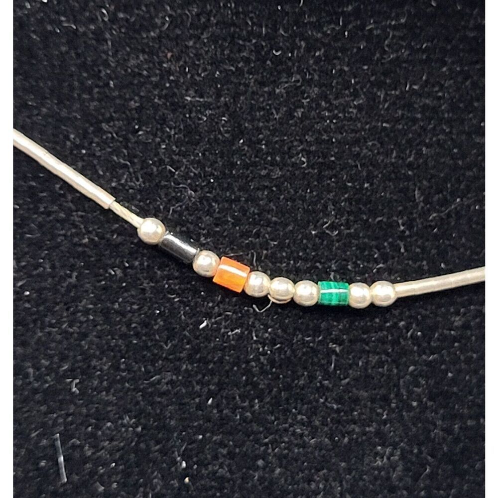 Native Sterling Silver Onyx Coral Malachite Choker Collar Necklace 16in